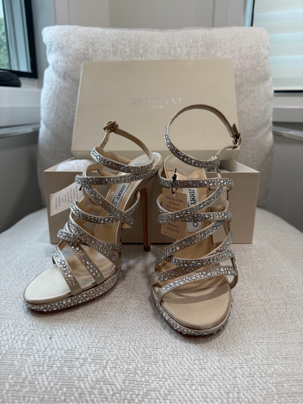 Jimmy Choo Nude Crystal Strappy Heels